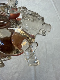 Three Chinese rock crystal sculptures on wooden stands, Republic