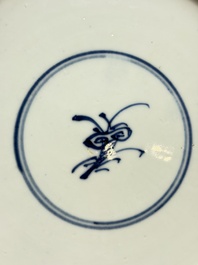 Three Chinese famille verte plates with floral design, one powder-blue-ground, Kangxi