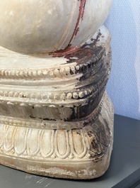 A monumental Burmese white marble Post-Pagan Buddha with traces of gilt-lacquer, Ava Kingdom, 17th C