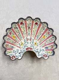 A Chinese Canton enamel shell-shaped basin with floral design, Yongzheng/Qianlong