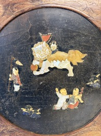 A Chinese huali and lacquer table screen embellished with stones and mother-of-pearl, Yongzheng mark, dated 1727, probably later.