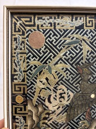A pair of Chinese embroidered silk 'Civil Ninth-Rank' badges and a pair of kesi 'Civil Fifth-Rank' badges, Qing