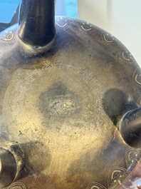 A rare Chinese gold- and silver-inlaid bronze 'Ding' censer with Taotie design on a hongmu stand, Shaosheng 紹聖 and Su Zhe 蘇轍 mark, Song or later