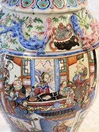 A Chinese Canton famille rose vase with narrative design, 19th C.