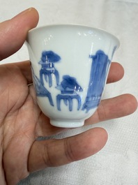 Three Chinese blue and white 'Erotic' wine cups, Yan Shui Yu Shi Zhi Zhen and Chenghua mark, Kangxi