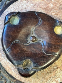 A rare Chinese gold- and silver-inlaid bronze 'Ding' censer with Taotie design on a hongmu stand, Shaosheng 紹聖 and Su Zhe 蘇轍 mark, Song or later