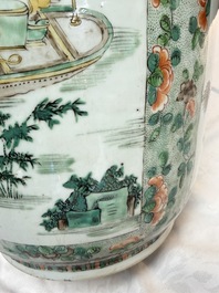 An impressive and fine pair of large Chinese famille verte 'Fishermen and Antiquities' rouleau vases, seal marks, Kangxi