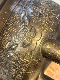 A rare Chinese gold- and silver-inlaid bronze 'Ding' censer with Taotie design on a hongmu stand, Shaosheng 紹聖 and Su Zhe 蘇轍 mark, Song or later