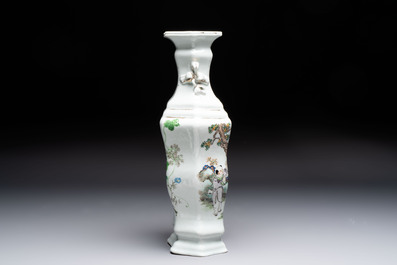 A Chinese qianjiang cai 'Wu Zi Deng Ke 五子登科' hexagonal vase, sigend Xian Cha 仙槎, dated 1915