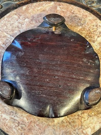 A rare Chinese gold- and silver-inlaid bronze 'Ding' censer with Taotie design on a hongmu stand, Shaosheng 紹聖 and Su Zhe 蘇轍 mark, Song or later