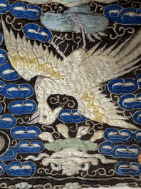 A pair of Chinese embroidered silk 'Civil Ninth-Rank' badges and a pair of kesi 'Civil Fifth-Rank' badges, Qing
