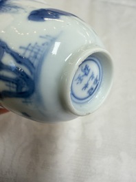 Three Chinese blue and white 'Erotic' wine cups, Yan Shui Yu Shi Zhi Zhen and Chenghua mark, Kangxi