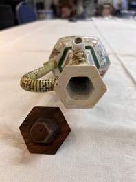 A rare Chinese famille verte puzzle jug with a wooden cover, Kangxi