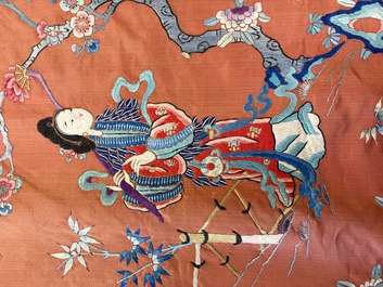 A large and fine Chinese embroidered silk 'Xi Wang Mu and Immortals' panel, 19th C.