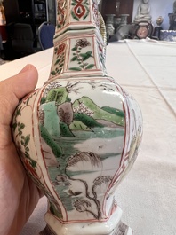 A rare Chinese famille verte puzzle jug with a wooden cover, Kangxi