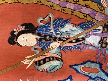 A large and fine Chinese embroidered silk 'Xi Wang Mu and Immortals' panel, 19th C.