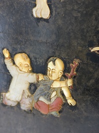 A Chinese huali and lacquer table screen embellished with stones and mother-of-pearl, Yongzheng mark, dated 1727, probably later.