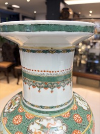 An impressive and fine pair of large Chinese famille verte 'Fishermen and Antiquities' rouleau vases, seal marks, Kangxi