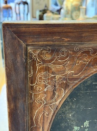 A Chinese huali and lacquer table screen embellished with stones and mother-of-pearl, Yongzheng mark, dated 1727, probably later.