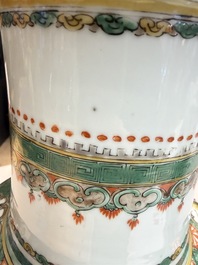 An impressive and fine pair of large Chinese famille verte 'Fishermen and Antiquities' rouleau vases, seal marks, Kangxi