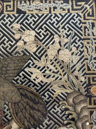 A pair of Chinese embroidered silk 'Civil Ninth-Rank' badges and a pair of kesi 'Civil Fifth-Rank' badges, Qing