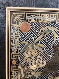 A pair of Chinese embroidered silk 'Civil Ninth-Rank' badges and a pair of kesi 'Civil Fifth-Rank' badges, Qing