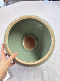 A fine large Chinese Longquan celadon 'Floral' jar, Ming
