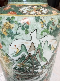 An impressive and fine pair of large Chinese famille verte 'Fishermen and Antiquities' rouleau vases, seal marks, Kangxi