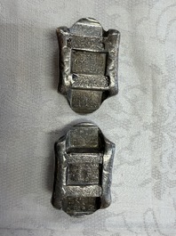 Two Chinese silver "Pai Fang 牌坊" sycee ingots, Yunnan mint, Zhang Tongchang 張同昌 and Chen Yuanchang 陳元昌 marks, 19th C.