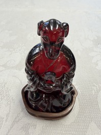 A rare complete set of 12 Chinese cherry amber 'Zodiac' figures on wooden stands, Qianlong mark, Republic