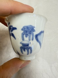 Three Chinese blue and white 'Erotic' wine cups, Yan Shui Yu Shi Zhi Zhen and Chenghua mark, Kangxi