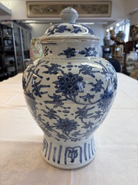 A Chinese blue and white 'Lotus Scroll' vase and cover, Ming