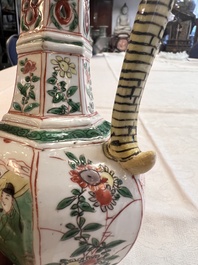 A rare Chinese famille verte puzzle jug with a wooden cover, Kangxi