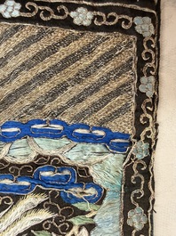 A pair of Chinese embroidered silk 'Civil Ninth-Rank' badges and a pair of kesi 'Civil Fifth-Rank' badges, Qing