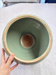 A fine large Chinese Longquan celadon 'Floral' jar, Ming
