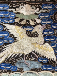 A pair of Chinese embroidered silk 'Civil Ninth-Rank' badges and a pair of kesi 'Civil Fifth-Rank' badges, Qing