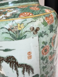 An impressive and fine pair of large Chinese famille verte 'Fishermen and Antiquities' rouleau vases, seal marks, Kangxi