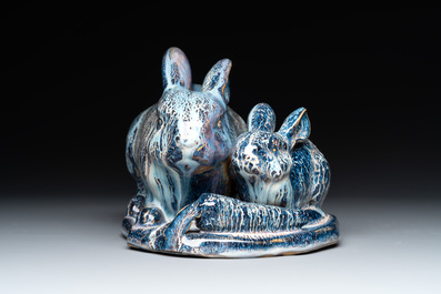 A Chinese Shiwan flamb&eacute; 'Rabbits' group, Cao Wenxuan 曹文選 and Jing De Zhen Zhi 景德鎮制 seal marks, 1st half 20th C.