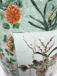 An impressive and fine pair of large Chinese famille verte 'Fishermen and Antiquities' rouleau vases, seal marks, Kangxi