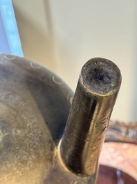 A rare Chinese gold- and silver-inlaid bronze 'Ding' censer with Taotie design on a hongmu stand, Shaosheng 紹聖 and Su Zhe 蘇轍 mark, Song or later