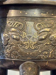 A rare Chinese gold- and silver-inlaid bronze 'Ding' censer with Taotie design on a hongmu stand, Shaosheng 紹聖 and Su Zhe 蘇轍 mark, Song or later