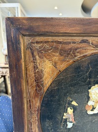 A Chinese huali and lacquer table screen embellished with stones and mother-of-pearl, Yongzheng mark, dated 1727, probably later.