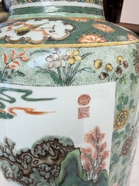 An impressive and fine pair of large Chinese famille verte 'Fishermen and Antiquities' rouleau vases, seal marks, Kangxi
