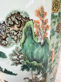 An impressive and fine pair of large Chinese famille verte 'Fishermen and Antiquities' rouleau vases, seal marks, Kangxi