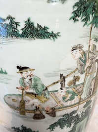 An impressive and fine pair of large Chinese famille verte 'Fishermen and Antiquities' rouleau vases, seal marks, Kangxi