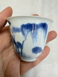 Three Chinese blue and white 'Erotic' wine cups, Yan Shui Yu Shi Zhi Zhen and Chenghua mark, Kangxi
