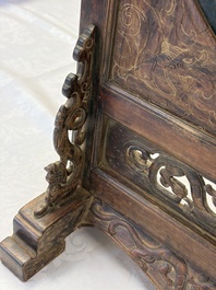 A Chinese huali and lacquer table screen embellished with stones and mother-of-pearl, Yongzheng mark, dated 1727, probably later.