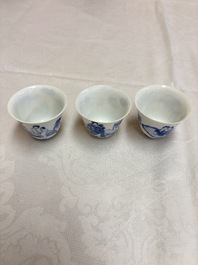Three Chinese blue and white 'Erotic' wine cups, Yan Shui Yu Shi Zhi Zhen and Chenghua mark, Kangxi