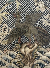 A pair of Chinese embroidered silk 'Civil Ninth-Rank' badges and a pair of kesi 'Civil Fifth-Rank' badges, Qing