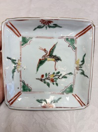 A set of five Chinese wucai Ko-Sometsuke square 'Crane' dishes for the Japanese market, with a tomobako, Tianqi